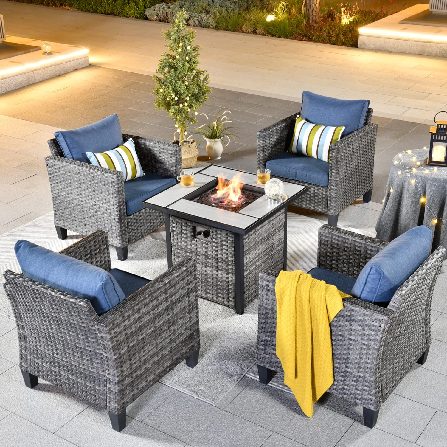 ovios 5-Pieces Patio Furniture Set, Outdoor Wicker Chairs of 4 with 30-inches Fire Pit Table, High Back Rattan Chair Set for Porch Deck Garden (Denim Blue)