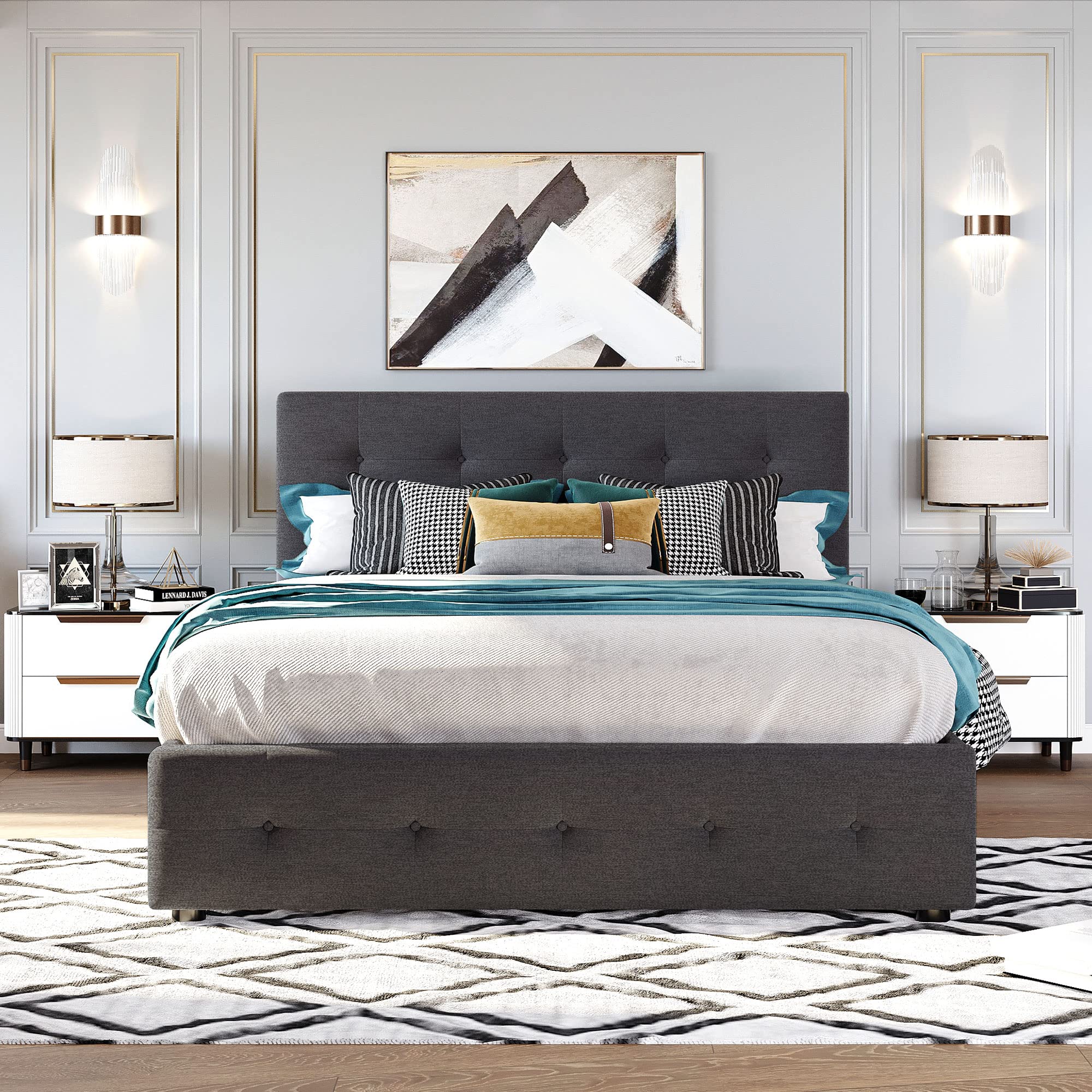 MERITLINE Queen Size Bed with 2 Storage Drawers and a Twin XL Trundle, Upholstered Platform Queen Bed Frame with Tufted Headboard, Linen Fabric, No Box Spring Needed (Dark Gray)