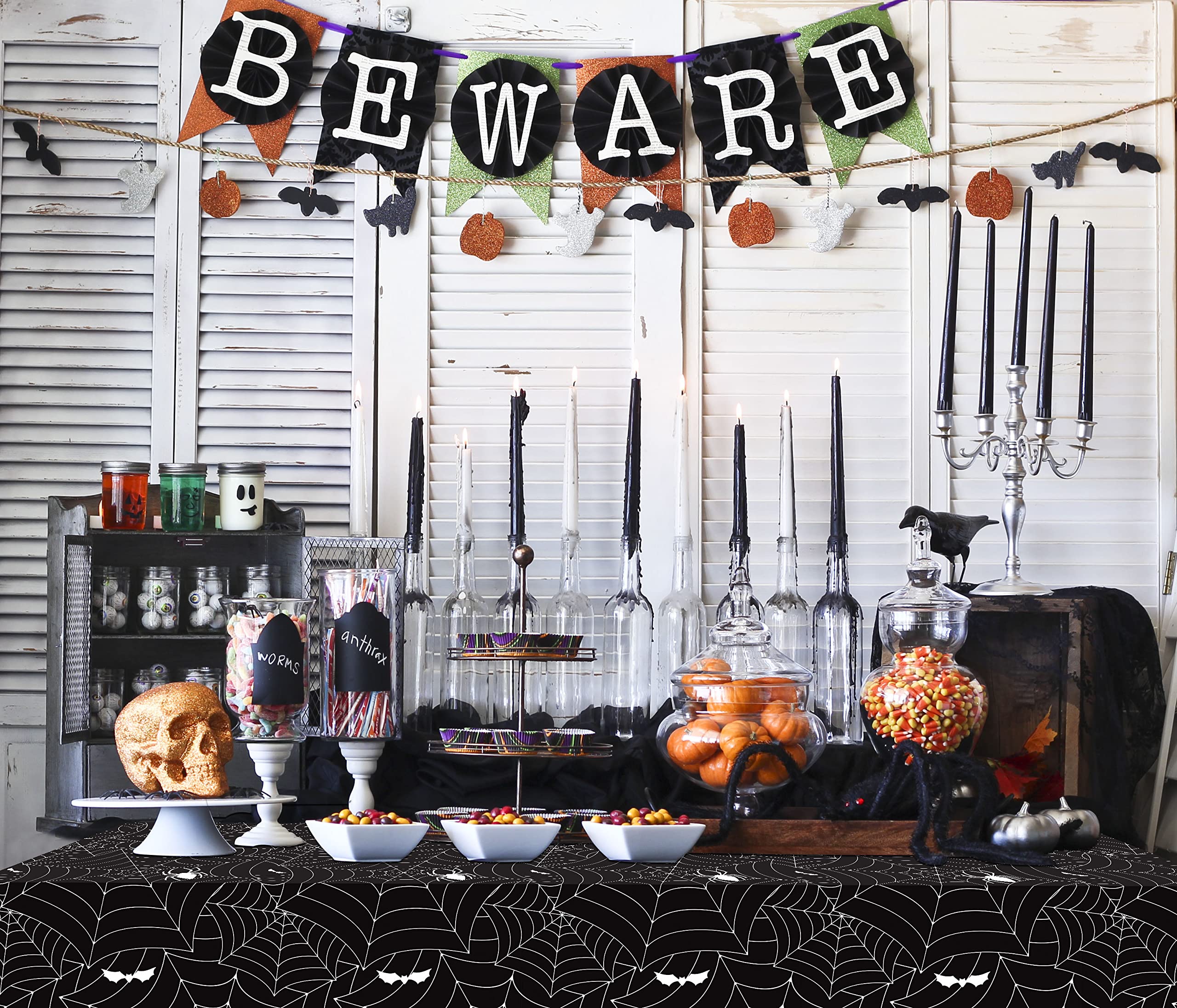 Halloween Tablecloth 3pcs Black Spider Web Tablecloth Halloween Party Decorations Supplies Rectangular Spider Cobweb Plastic Table Cover for Halloween Baby Shower, Birthday Decorations - 54" x 108"