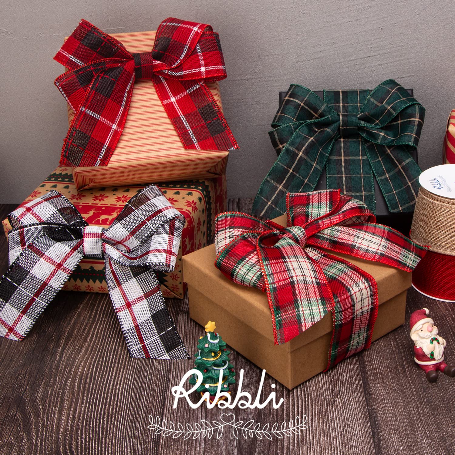 Ribbli 6 Rolls Christmas Wired Ribbon,Natural Red Burlap/Buffalo Plaid/Red and Green Plaid Ribbon,2 Inch Total 30 Yard, Christmas Ribbon for Crafts, Big Bow,Gift Wrapping, Wreath, Tree Decoration