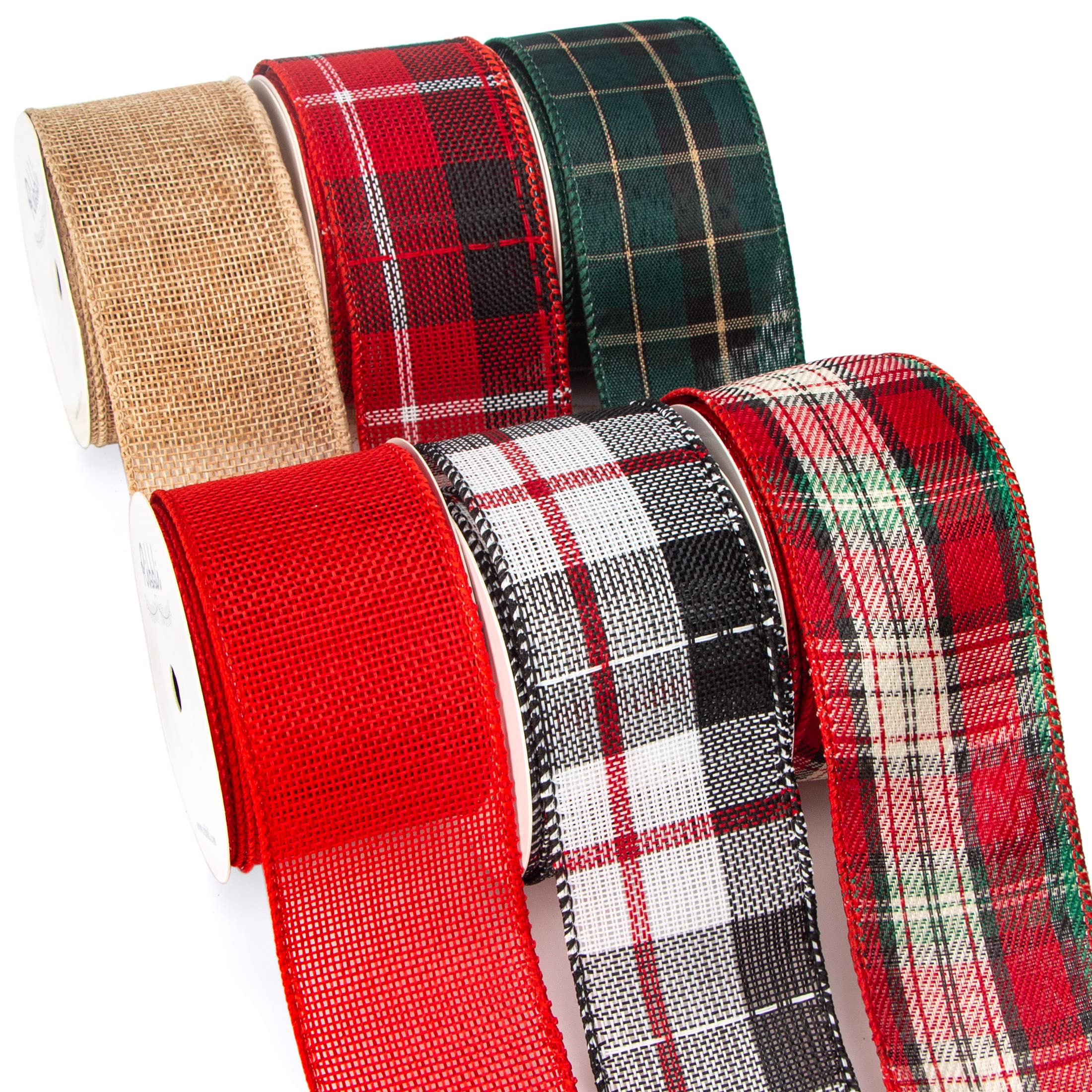 Ribbli 6 Rolls Christmas Wired Ribbon,Natural Red Burlap/Buffalo Plaid/Red and Green Plaid Ribbon,2 Inch Total 30 Yard, Christmas Ribbon for Crafts, Big Bow,Gift Wrapping, Wreath, Tree Decoration