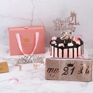 21st Birthday Decorations For Her ZJDZTK,Including Rose Gold 21st Birthday Sash,Crown,Cake Topper,Digital Candles,Balloons Set,Accompanying Birthday Card And Beautiful Gift Box