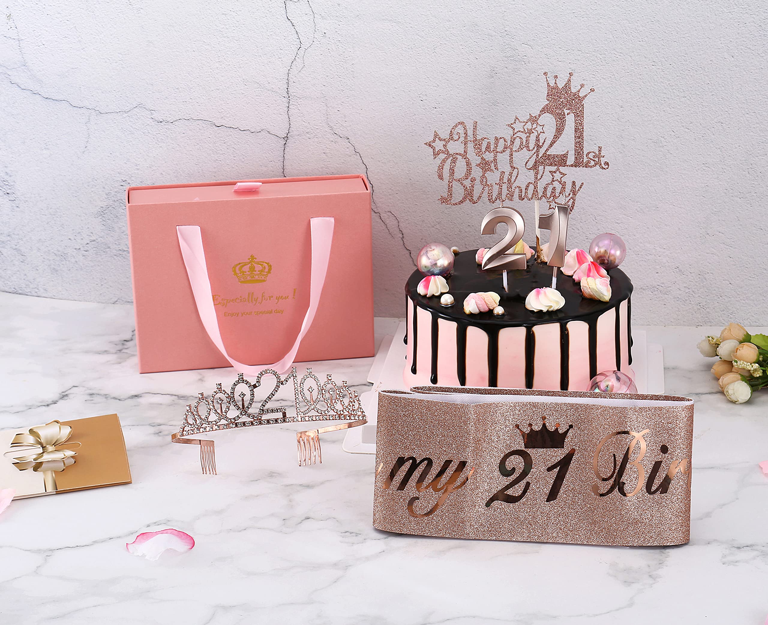 21st Birthday Decorations For Her ZJDZTK,Including Rose Gold 21st Birthday Sash,Crown,Cake Topper,Digital Candles,Balloons Set,Accompanying Birthday Card And Beautiful Gift Box