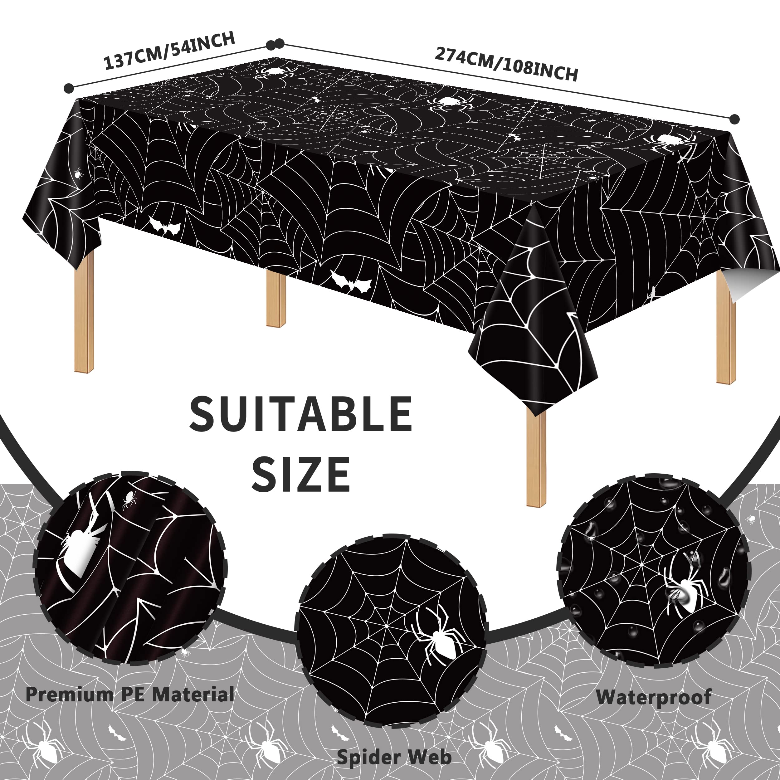 Halloween Tablecloth 3pcs Black Spider Web Tablecloth Halloween Party Decorations Supplies Rectangular Spider Cobweb Plastic Table Cover for Halloween Baby Shower, Birthday Decorations - 54" x 108"