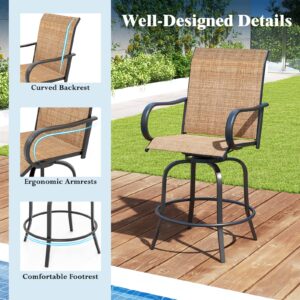 Tangkula Outdoor Swivel Bar Stools Set of 2, Bar Height Tall Patio Chairs with Armrests & High Back, Cozy Footrest & Solid Metal Support, High Top Bar Chairs for Backyard, Balcony, Poolside (1, Brown)