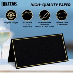 Better Office Products 100 Pack Gold Metallic Border Place Cards, 2 x 3.5 in, Folded Table Tent Cards for Weddings, Dinner Parties, Buffet Banquets,(Black)