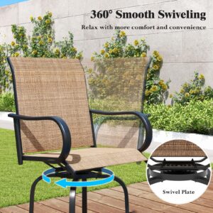 Tangkula Outdoor Swivel Bar Stools Set of 2, Bar Height Tall Patio Chairs with Armrests & High Back, Cozy Footrest & Solid Metal Support, High Top Bar Chairs for Backyard, Balcony, Poolside (1, Brown)