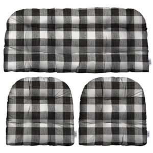 RSH DECOR: 3-Piece Wicker Tufted Cushion Set | 41” x 19" & 19" x 19" | All-Weather Spun Fabric | Water Resistant | Outdoor Loveseat & U-Shape Cushions for Patio Furniture | Black Buffalo Plaid