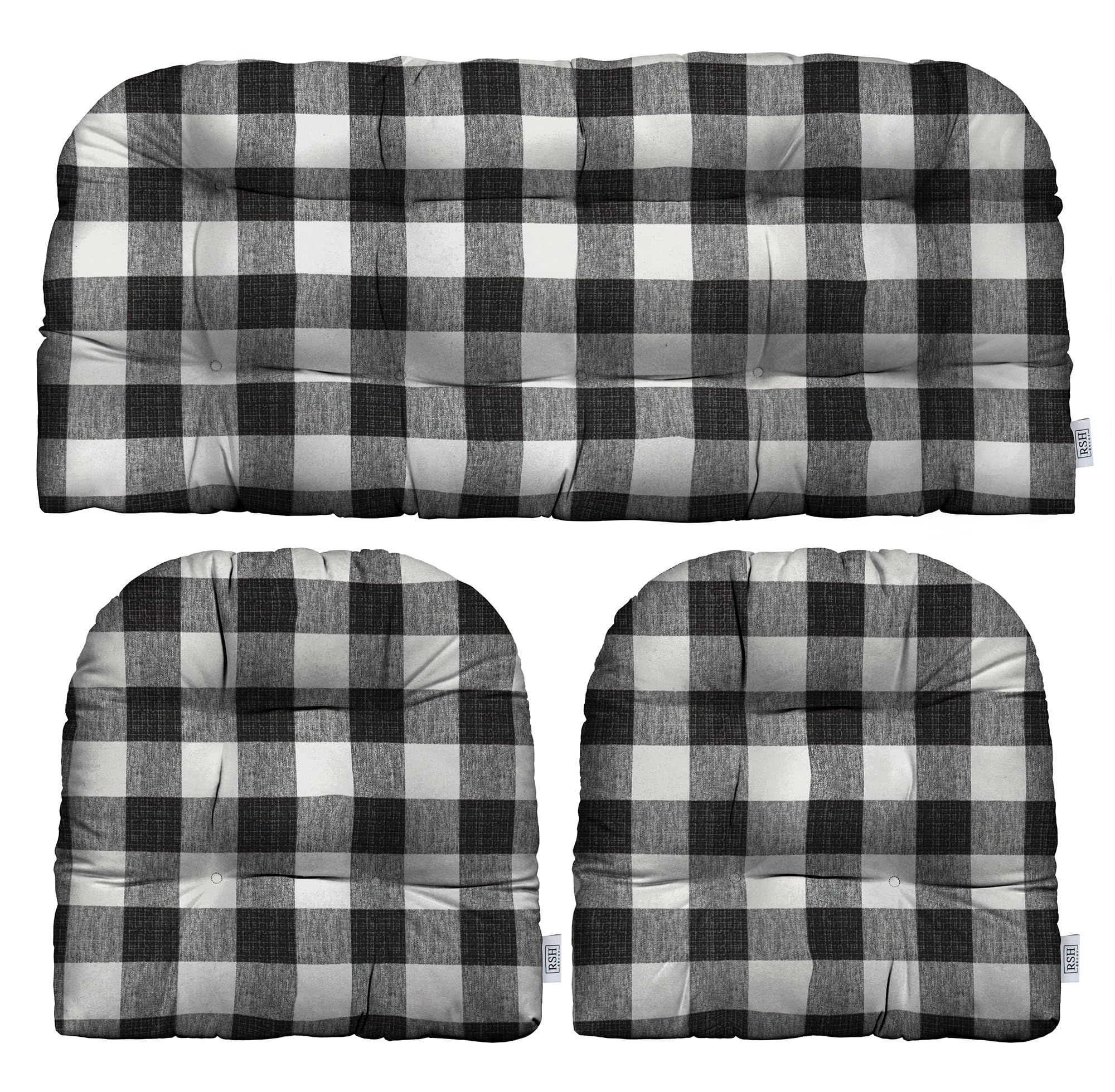 RSH DECOR: 3-Piece Wicker Tufted Cushion Set | 41” x 19" & 19" x 19" | All-Weather Spun Fabric | Water Resistant | Outdoor Loveseat & U-Shape Cushions for Patio Furniture | Black Buffalo Plaid