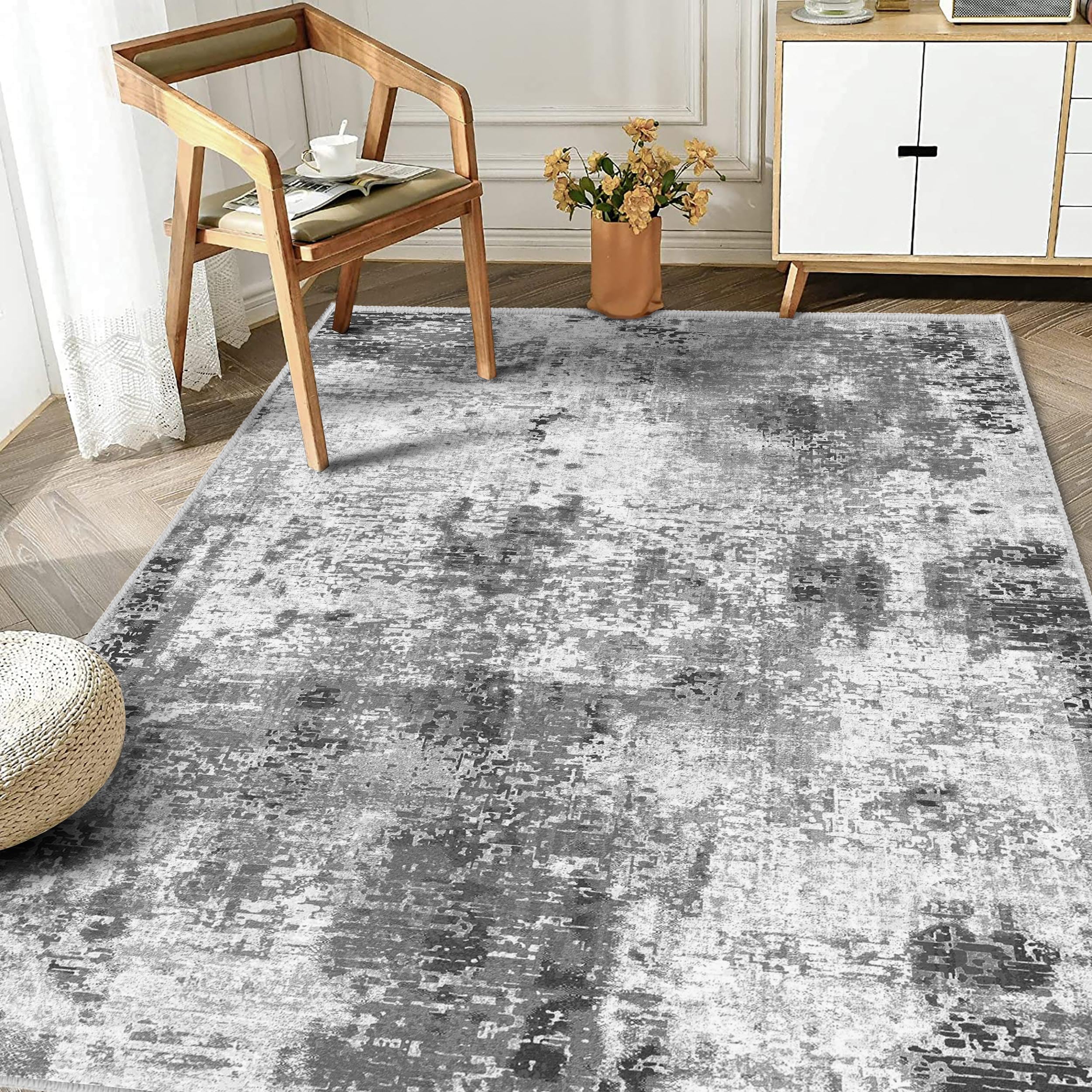 Modern Abstract Grey Area Rug 8 x 10 ft Contemporary Distressed Rugs Non Shedding Machine Washable Floor Carpet for Living Room Bedroom.