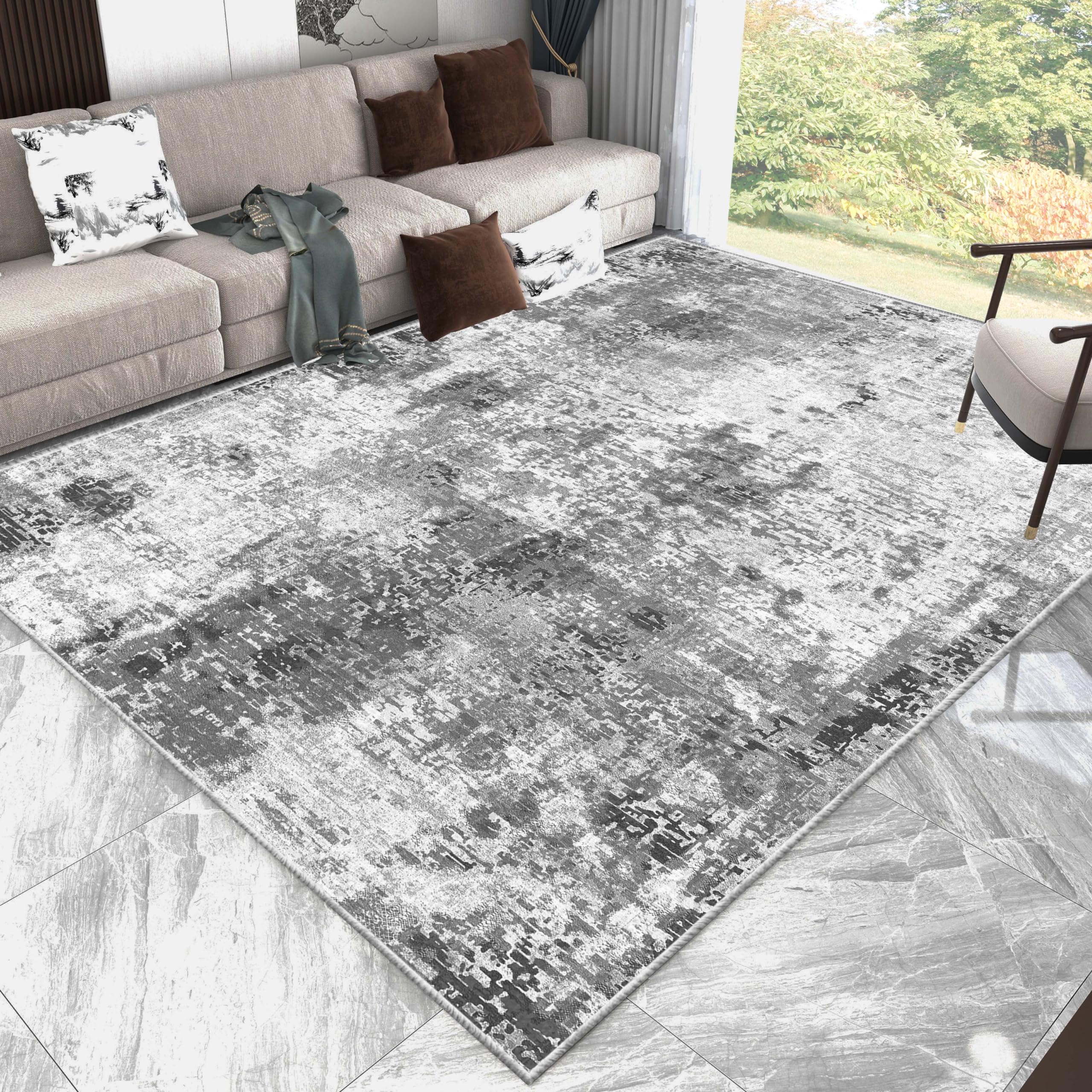 Modern Abstract Grey Area Rug 8 x 10 ft Contemporary Distressed Rugs Non Shedding Machine Washable Floor Carpet for Living Room Bedroom.