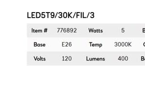 Bulbrite Item 776892 LED Filament Bulb, 3000K, Fully Compatible Dimming, Bulb Type T9, 5 Watts, Bulb Base E26, 400 Lumens, 120V, CRI 90, Soft White Light, Chandelier Bulb with Medium E26 Base