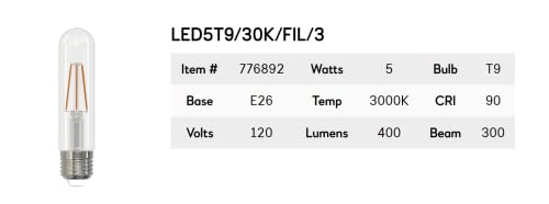 Bulbrite Item 776892 LED Filament Bulb, 3000K, Fully Compatible Dimming, Bulb Type T9, 5 Watts, Bulb Base E26, 400 Lumens, 120V, CRI 90, Soft White Light, Chandelier Bulb with Medium E26 Base