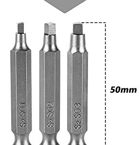 Fixinus 6 Pieces Square Screwdriver Bits, 1/4 inch Hex Shank S2 Steel Square SQ1 SQ2 SQ3 Drill Bits Magnetic Screwdriver Bit Set, 50mm Length