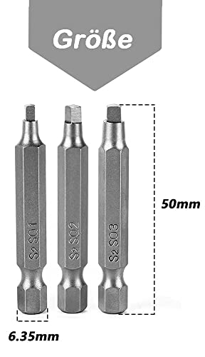 Fixinus 6 Pieces Square Screwdriver Bits, 1/4 inch Hex Shank S2 Steel Square SQ1 SQ2 SQ3 Drill Bits Magnetic Screwdriver Bit Set, 50mm Length