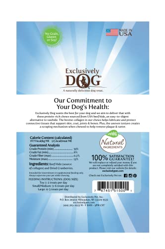 Exclusively Dog Collagen + Superfood Chew USA-sourced, Grass-Fed Beef Hide with Dried Cranberries Natural Dental, Joint Skin & Coat Support