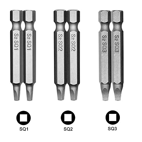 Fixinus 6 Pieces Square Screwdriver Bits, 1/4 inch Hex Shank S2 Steel Square SQ1 SQ2 SQ3 Drill Bits Magnetic Screwdriver Bit Set, 50mm Length