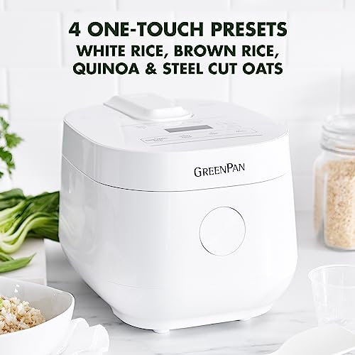 GreenPan Healthy Ceramic Nonstick Rice Quinoa Steel Cut Oats & Grains Cooker,Easy Meal Presets,4 Cups Uncooked (8 Cooked),Cool Touch,Compact,Warms, Steam,Removeable Bowl,Spatula Ladle&Cup, White