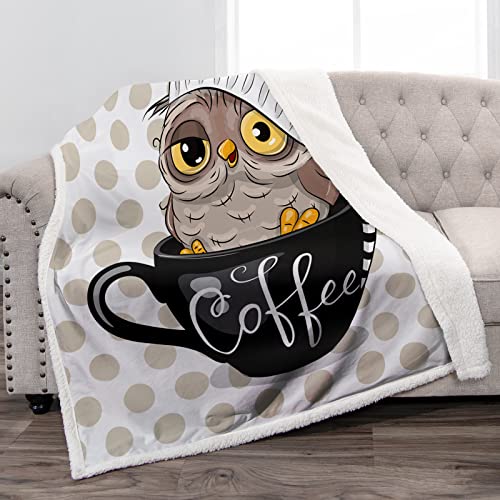 Jekeno Owl Blanket Hat Coffee Cup Print Gifts for Women Kids Girls Mom Home Bedroom Living Room Decor Soft Cozy Lightweight Cartoon Throw Blankets 50"x60"