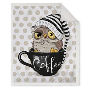 Jekeno Owl Blanket Hat Coffee Cup Print Gifts for Women Kids Girls Mom Home Bedroom Living Room Decor Soft Cozy Lightweight Cartoon Throw Blankets 50"x60"