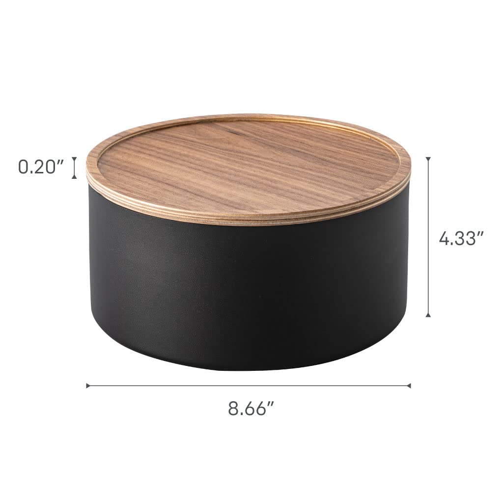 Yamazaki Home Rin Round Storage Case, Snacks, Toy, Or Craft Supplies Holder, Sewing Box Organizer, Wooden Lid Tray - Tall - Steel + Wood