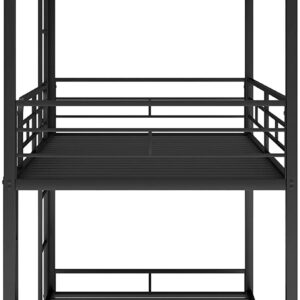 DNYN Twin Triple Bunk Bed with Built-in Ladder,Twin-Over-Twin-Over-Twin Size Metal Bunkbeds w/Safety Guardrails for Kids/Teen/Adults Bedroom,Home Furniture for Dorm,Guest Room, Black