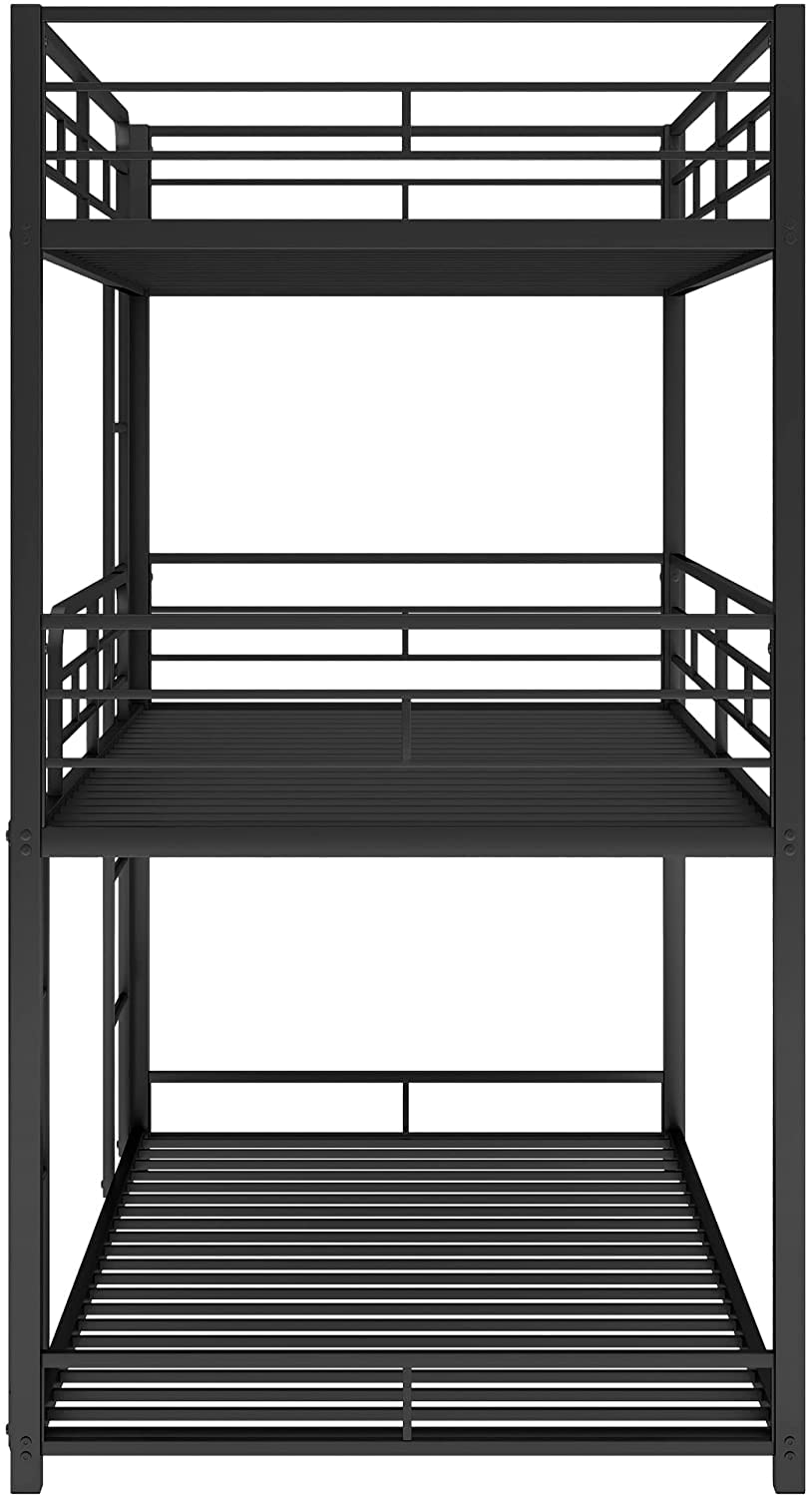 DNYN Twin Triple Bunk Bed with Built-in Ladder,Twin-Over-Twin-Over-Twin Size Metal Bunkbeds w/Safety Guardrails for Kids/Teen/Adults Bedroom,Home Furniture for Dorm,Guest Room, Black