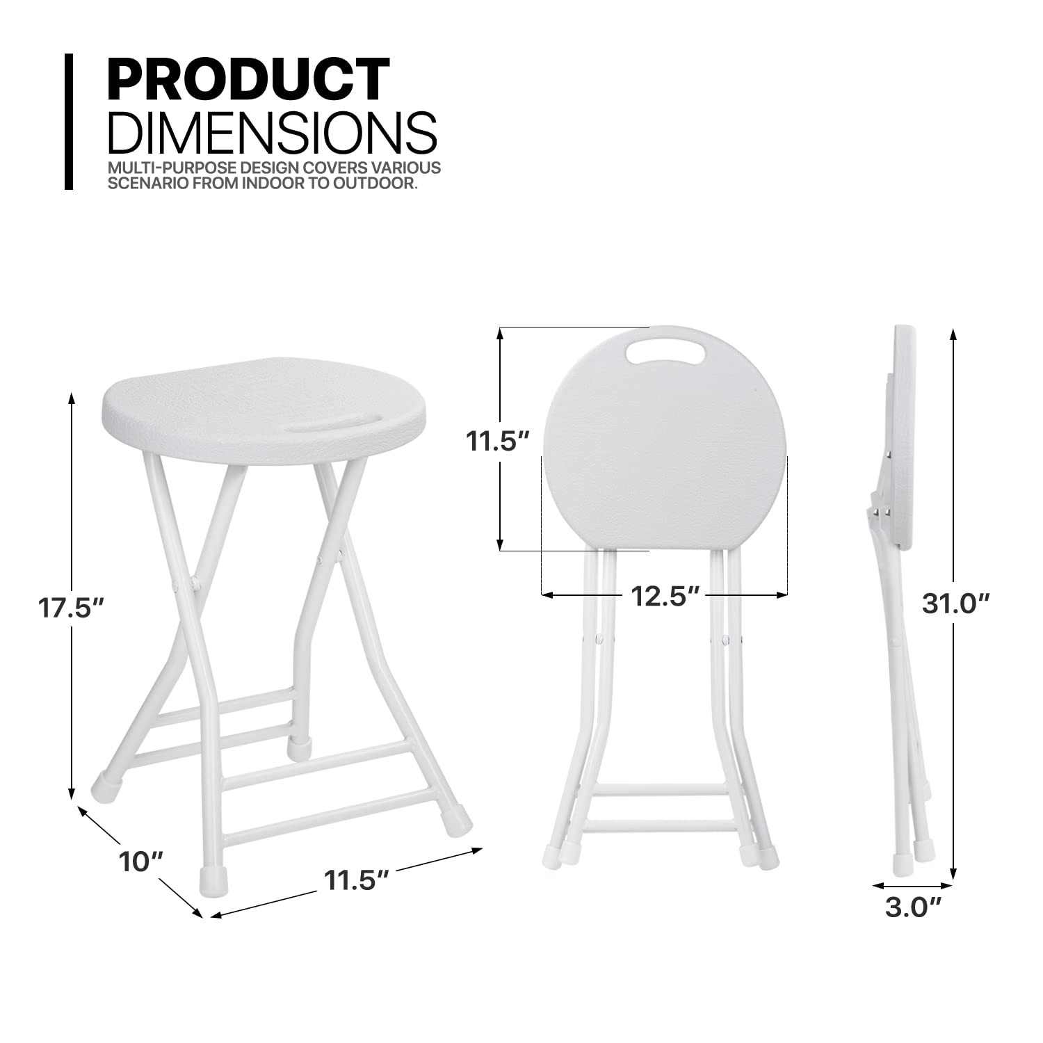 MoNiBloom 18 Inch Set of 6 Plastic Foldable Round Stools for Adults Small Lightweight Chairs for Dorm, Kitchen, Vanity and Outdoor use, 230 lbs Capacity, White