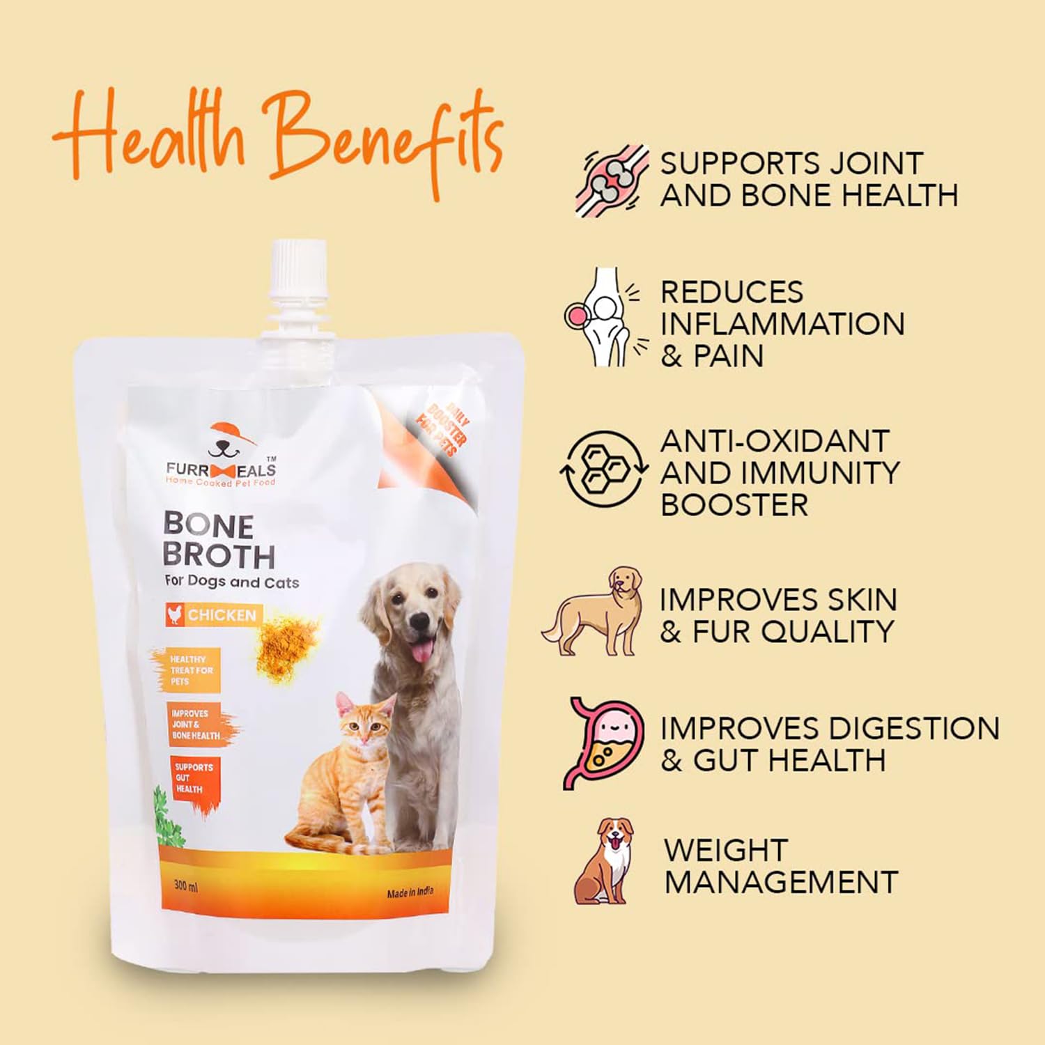 FurrMeals Ready to Serve Chicken Bone Broth | Gravy/Wet Dog Food | Treat for Dogs and Cats | 300ml x Pack of 3 | Joint Health Natural Supplement