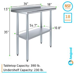 AmGood 36" Long x 18" Deep Stainless Steel Work Table with 1.5" Backsplash | Metal Kitchen Food Prep Table | NSF