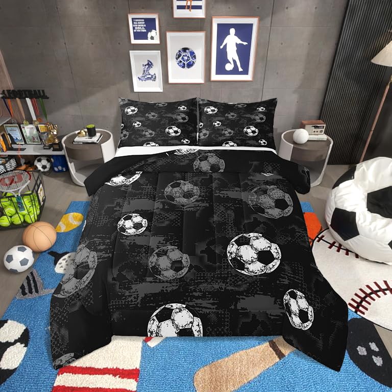 Erosebridal Football Bedding for Full Bed Soccer Comforter Sets for Boys Girls Ball Gamer Duvet Set Sport Themed Quilt Grey Black Grunge Comforter 3-Piece for Teens Bedroom Breathable Cozy Quilt Set