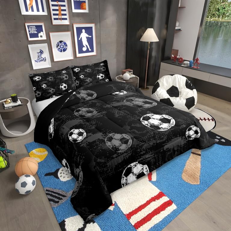 Erosebridal Football Bedding for Full Bed Soccer Comforter Sets for Boys Girls Ball Gamer Duvet Set Sport Themed Quilt Grey Black Grunge Comforter 3-Piece for Teens Bedroom Breathable Cozy Quilt Set