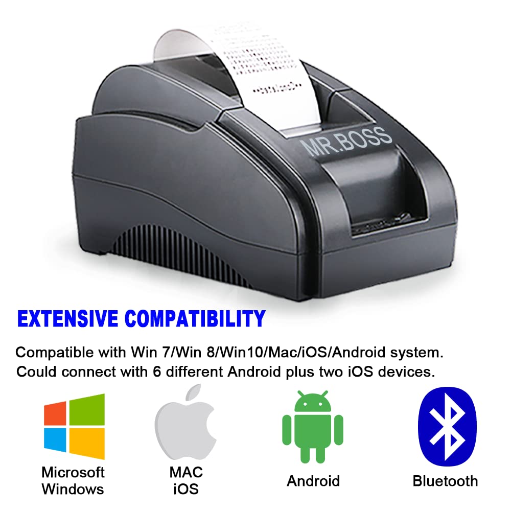 MRBOSS 2“ 58mm POS Cash Register Portable Thermal Receipt Printer with High Speed Printing USB+Bluetooth Interface for Supermarket Restaurant Retail Sales Kitchen Support Windows Android MAC