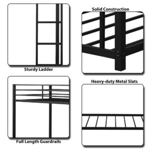 KOTEK Metal Bunk Bed Twin Over Twin, Low Bunk Bed with Sturdy Guard Rails & Ladder, Easy Assembly, Heavy-Duty Floor Bunk Bed Frame for Kids, Teens (Black)