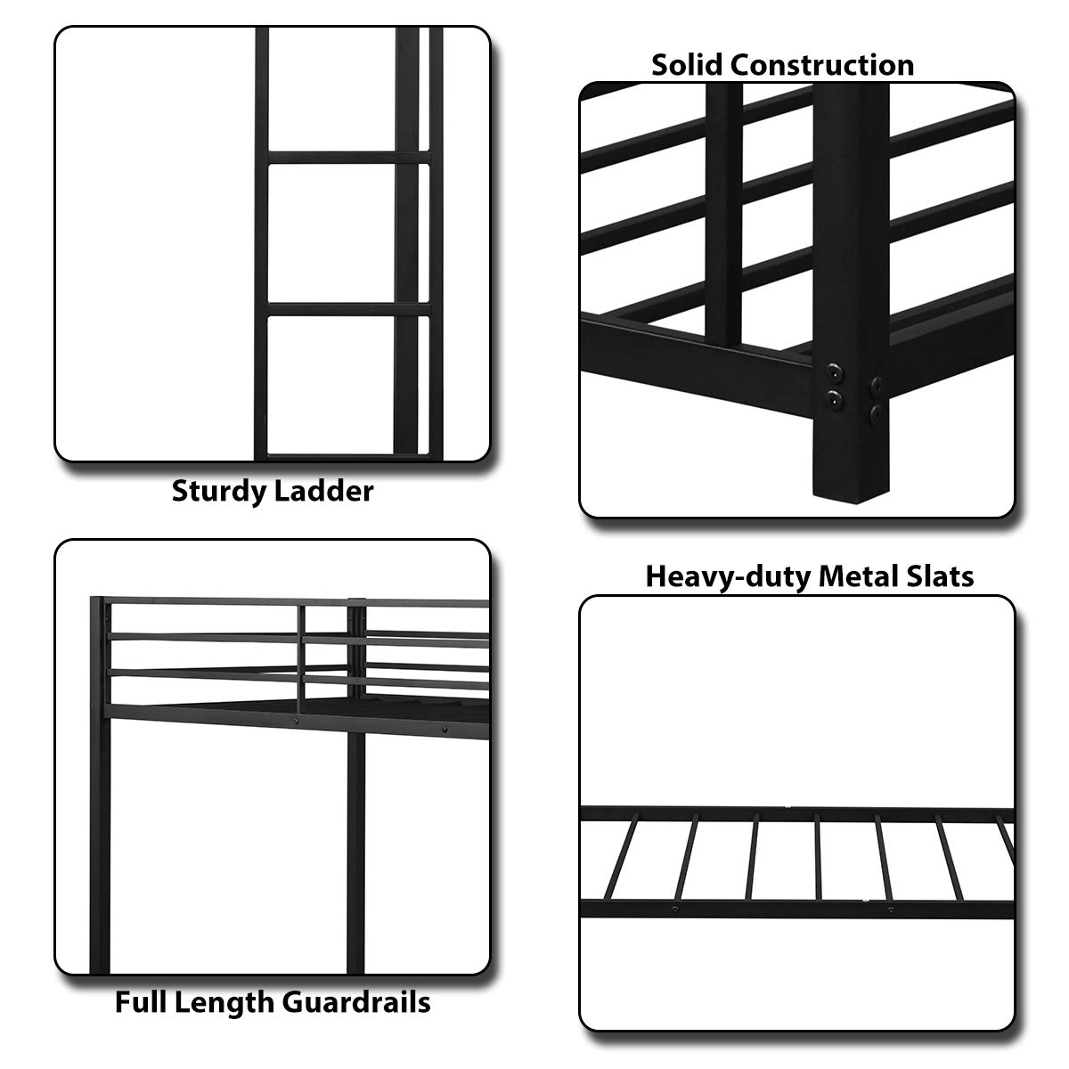 KOTEK Metal Bunk Bed Twin Over Twin, Low Bunk Bed with Sturdy Guard Rails & Ladder, Easy Assembly, Heavy-Duty Floor Bunk Bed Frame for Kids, Teens (Black)