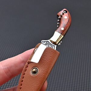 SZHOWORLD Ultra Small Fixed Blade Knife, 1.57 inch 5Cr Stainless Steel Blade with Brass+Colored Wood Handle, Mini Knife/Box Cutter with Leather Sheath for EDC Gift Collection Cutting