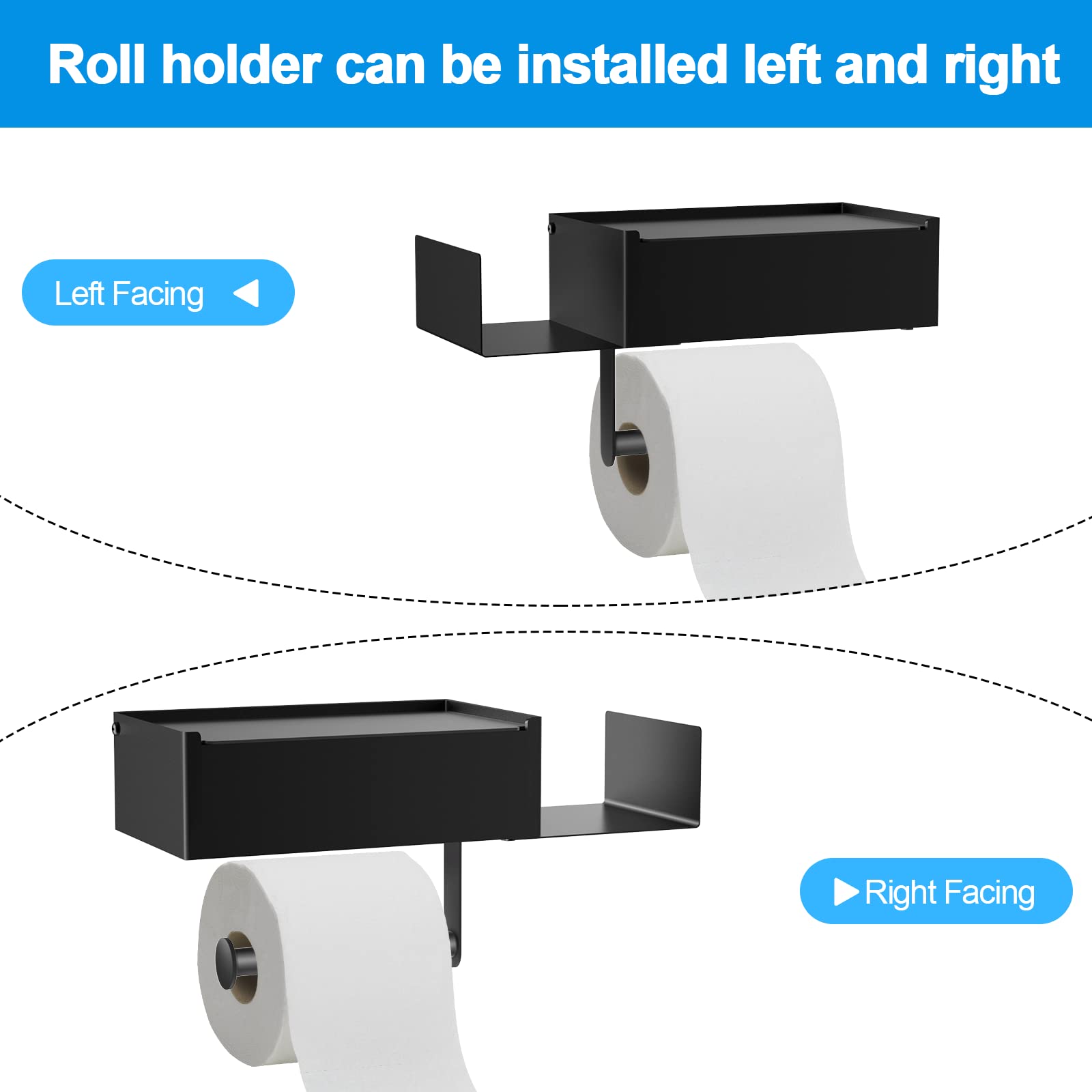 Toilet Paper Holder with Shelf, FUNLEU Flushable Wipes Dispenser for Bathroom, Self Adhesive Toilet Paper Holder with Storage - Stainless Steel Toilet Holder Keep Wipes Hidden Out of Sight, Black