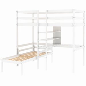 Hommoo Wooden Loft Bed with Desk and Storage Shelves Multifunctional Loft Bed Space-Saving Bed Frame Convertible Twin Over Twin Bunk Bed for Kids Adults