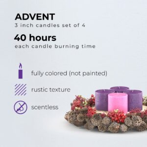 CANDWAX 3x3 Pillar Advent Candles Set of 4 - Rustic Pillar Candles Unscented and No Drip Candles - Ideal as Candles for Advent Wreath or Christmas Decorations - Purple Set of Advent Pillar Candles