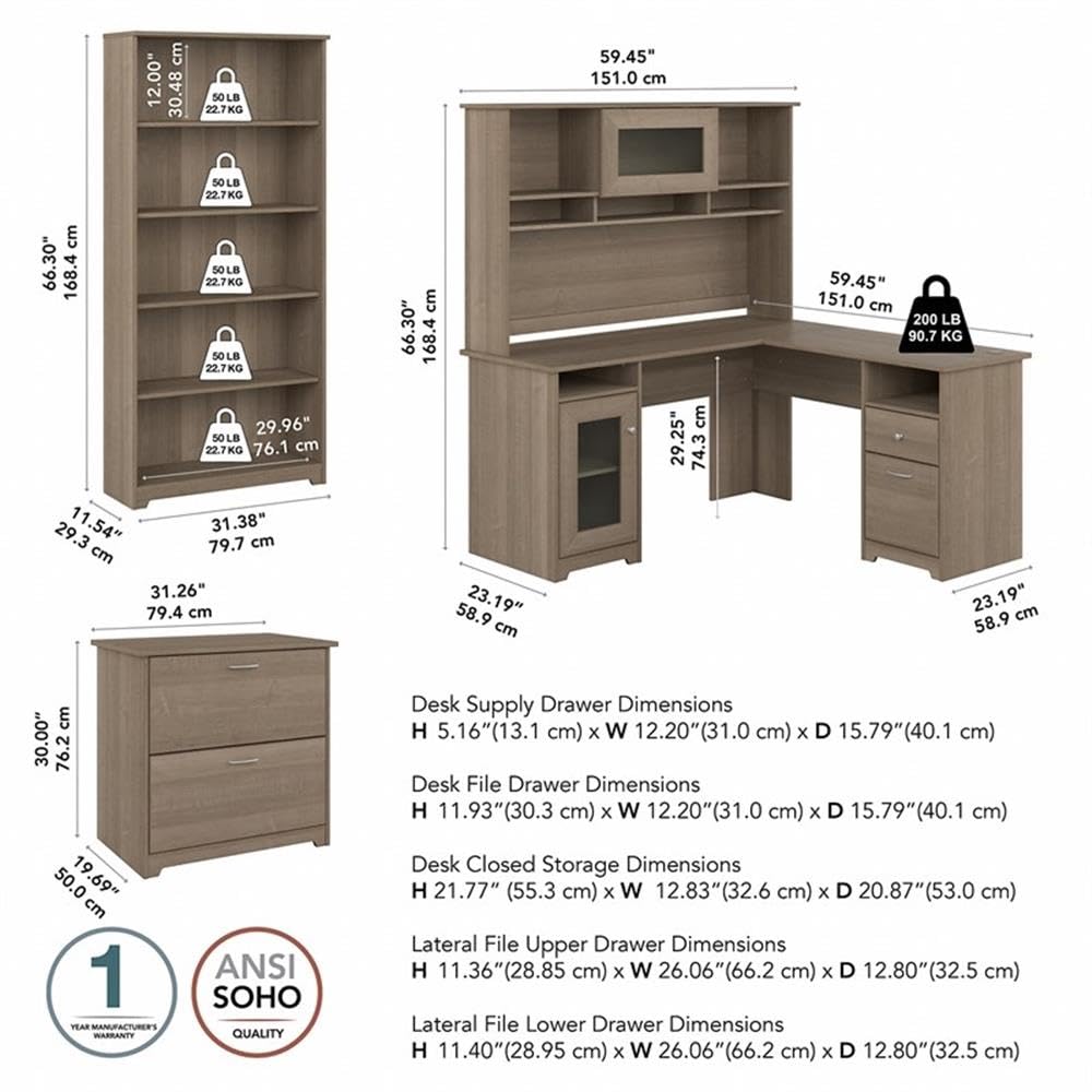 Bush Furniture L Shaped Desk with Hutch, 5 Shelf Bookcase and Lateral File Cabinet | Cabot Collection Corner Computer Table with Storage and Bookshelf | 60Wx23DX37W