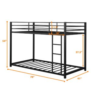 KOTEK Metal Bunk Bed Twin Over Twin, Low Bunk Bed with Sturdy Guard Rails & Ladder, Easy Assembly, Heavy-Duty Floor Bunk Bed Frame for Kids, Teens (Black)