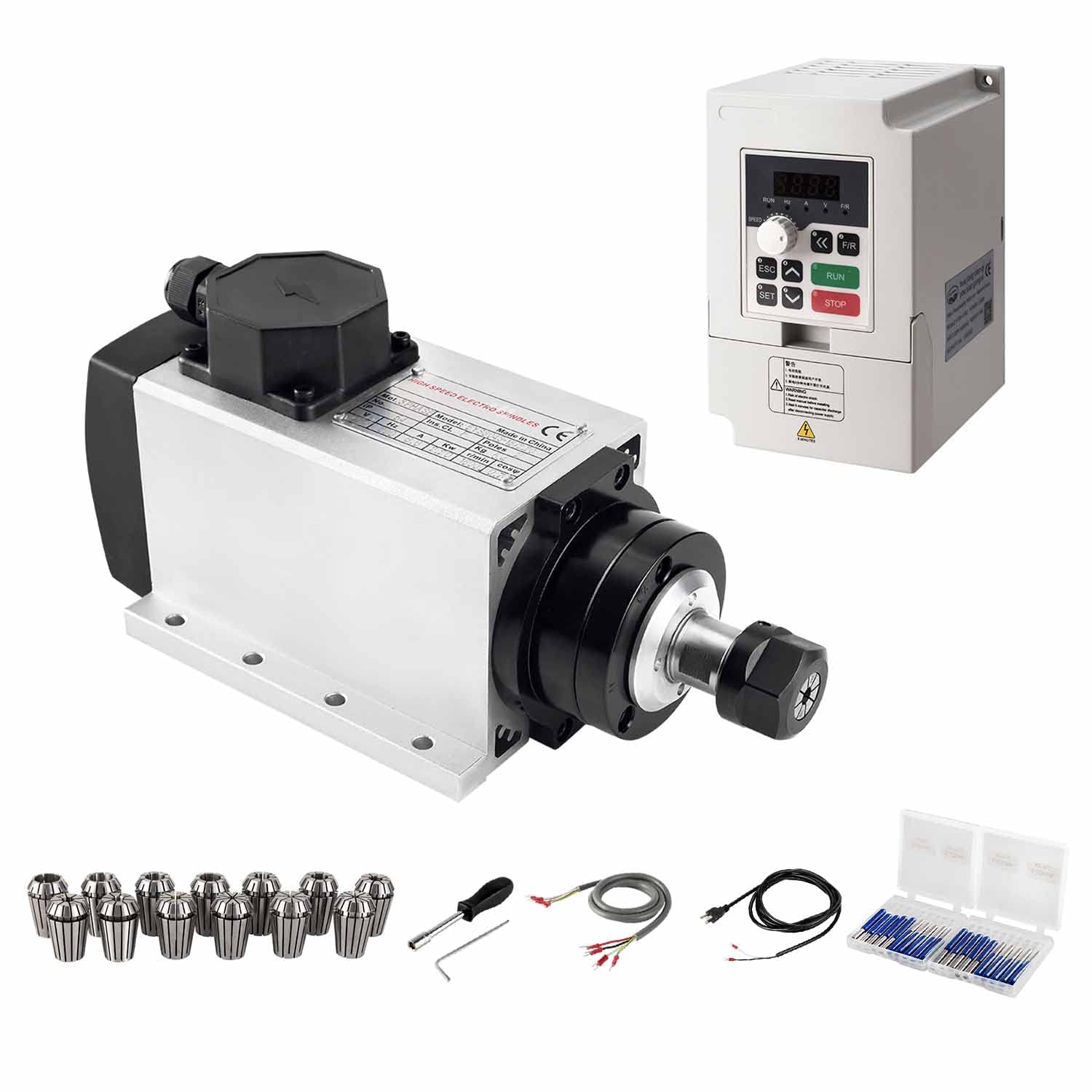 CNC Spindle Kits, 110V 2.2KW 2200W Air Cooled Spindle Motor Square CNC Spindle CNC Motor Spindle Motor + 2.2KW VFD + 13pcs ER20 Collets + Aviation Wire +Power Wire + Drill Bits