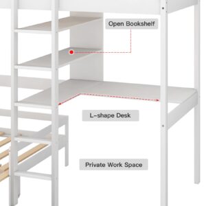 Hommoo Wooden Loft Bed with Desk and Storage Shelves Multifunctional Loft Bed Space-Saving Bed Frame Convertible Twin Over Twin Bunk Bed for Kids Adults