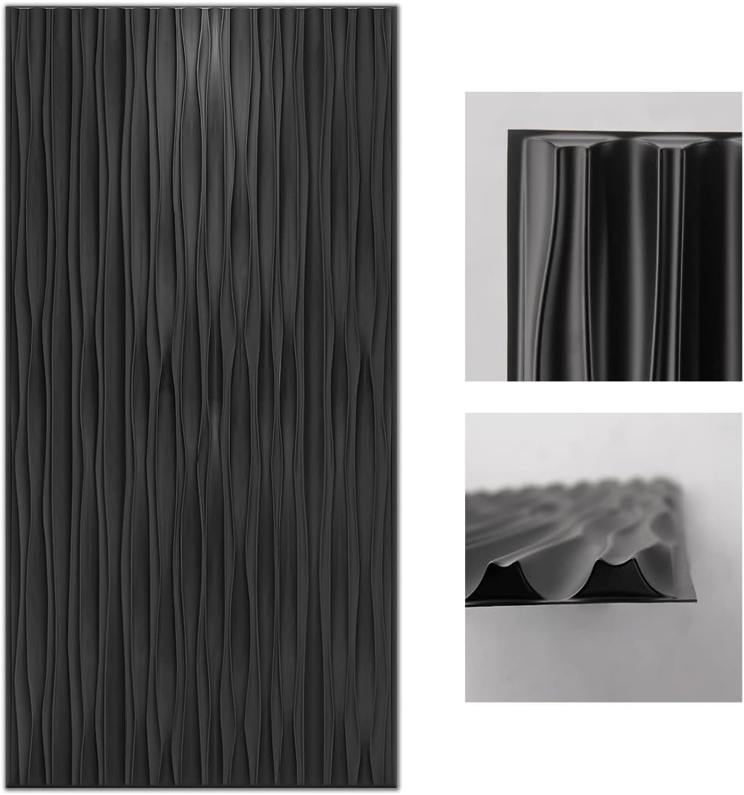 Art3d Black Large PVC 3D Wall Panels for Interior Wall Décor, Drop Ceiling Tile 2x4, 3D Textured Wavy Wall Panels Decorative, Pack of 6 Tiles(47.2"×23.6")