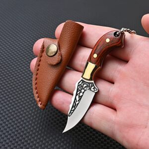 SZHOWORLD Ultra Small Fixed Blade Knife, 1.57 inch 5Cr Stainless Steel Blade with Brass+Colored Wood Handle, Mini Knife/Box Cutter with Leather Sheath for EDC Gift Collection Cutting