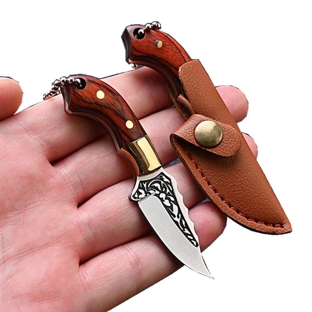 SZHOWORLD Ultra Small Fixed Blade Knife, 1.57 inch 5Cr Stainless Steel Blade with Brass+Colored Wood Handle, Mini Knife/Box Cutter with Leather Sheath for EDC Gift Collection Cutting