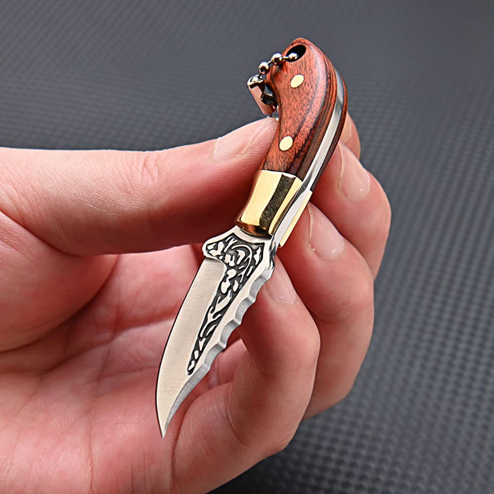 SZHOWORLD Ultra Small Fixed Blade Knife, 1.57 inch 5Cr Stainless Steel Blade with Brass+Colored Wood Handle, Mini Knife/Box Cutter with Leather Sheath for EDC Gift Collection Cutting