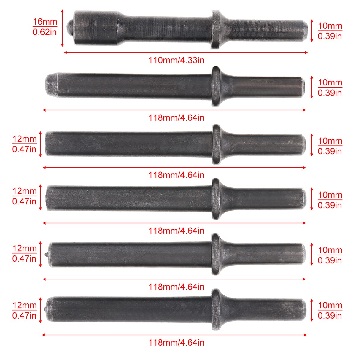 ChgImposs 6pcs Hard 45# Steel Solid Air Rivet Impact Head Support Pneumatic Tool for Drilling/Rusting Removal