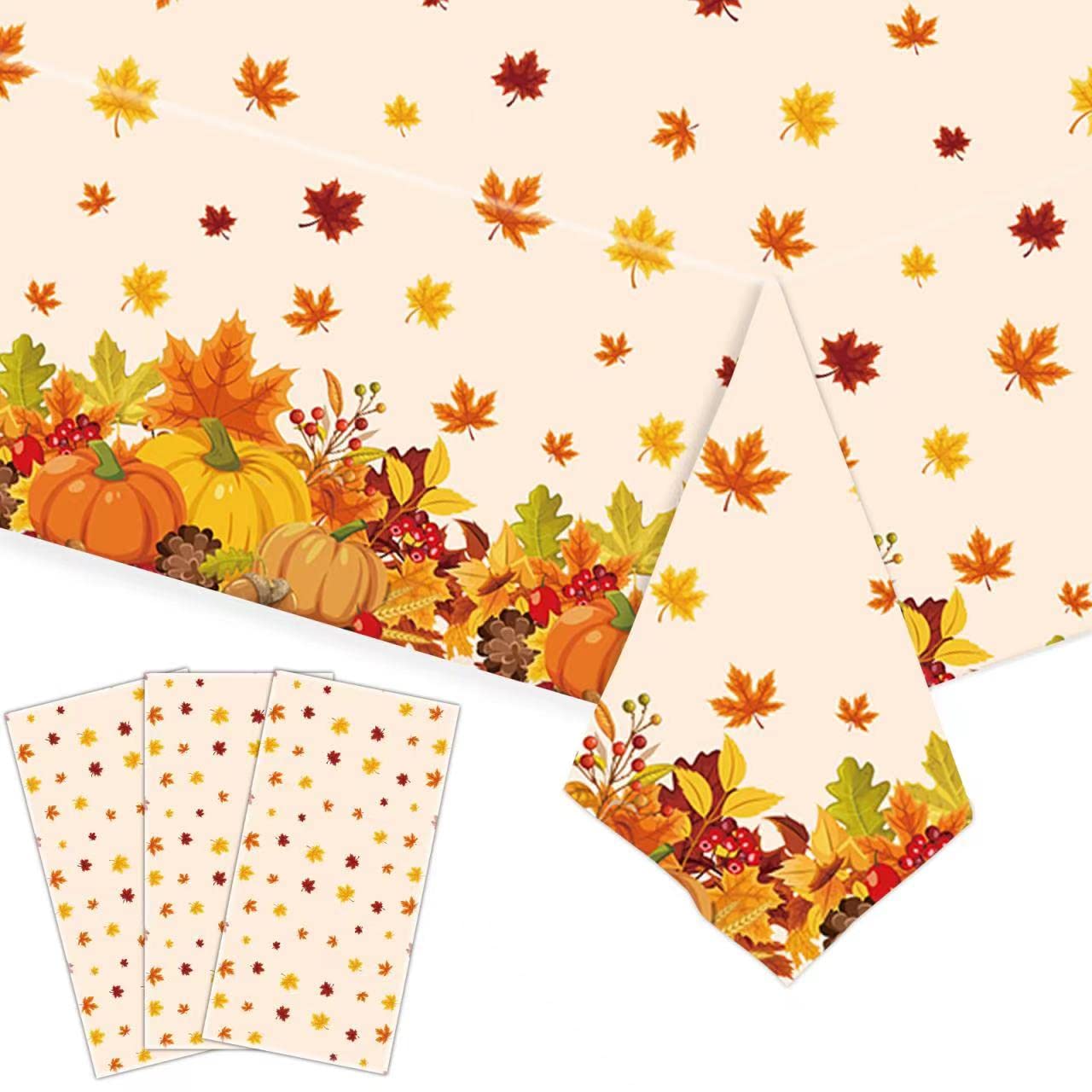 ibohr 3 Pack Thanksgiving Disposable Tablecloth Fall Maple Pumpkin Vinyl Waterproof Rectangle Thanksgiving Plastic Tablecloths for Fall Decorations for Home, Party Decor, 54 x 108 inch