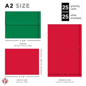 Blank Red A2 (4.25" x 5.5") Cards with Green Envelopes – Great for Customized and Personalized Holiday, Christmas and New Year Greetings, Party Invitations, Thank You Cards and Announcements – 25 SETS